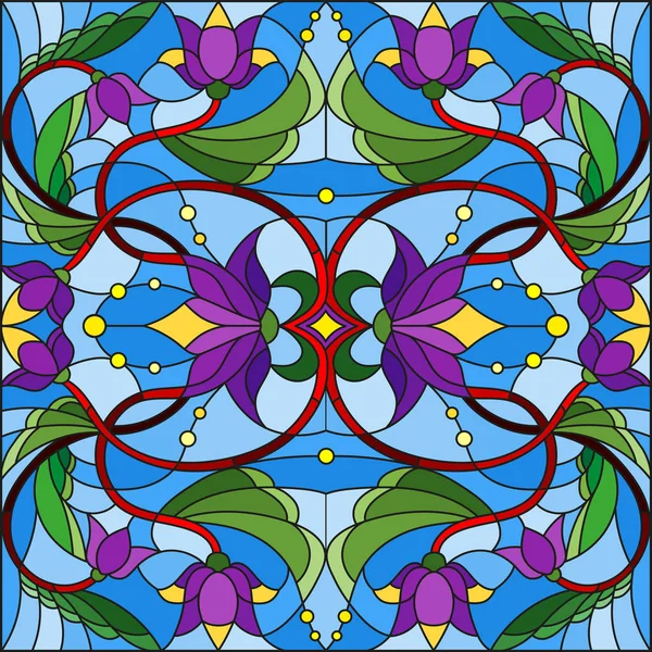 Ilustración Estilo Vitral Con Remolinos Abstractos Flores Púrpuras Hojas Sobre — Vector de stock