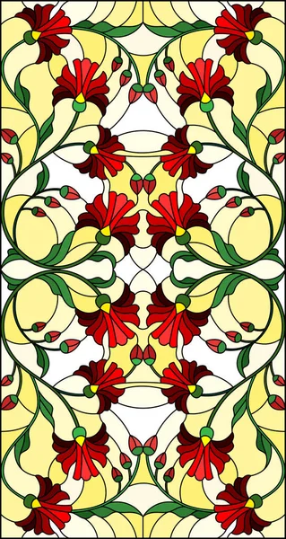 Illustratie Gebrandschilderd Glas Stijl Met Rode Bloemen Bladeren Knoppen Een — Stockvector
