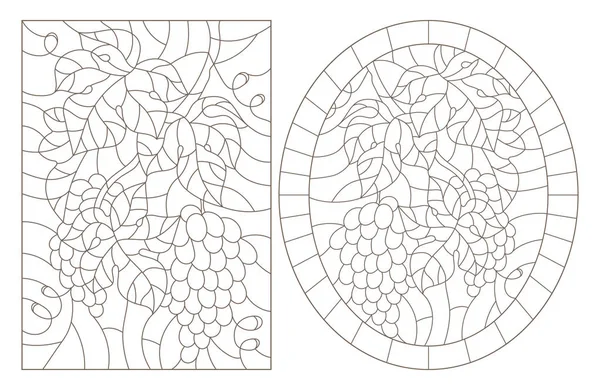 Conjunto Ilustraciones Contorno Estilo Vitral Con Imágenes Enmarcadas Uva Ovaladas — Archivo Imágenes Vectoriales