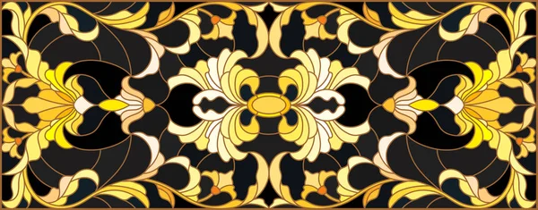 Иллюстрация Витражном Стиле Цветочным Орнаментом Имитация Золота Темном Фоне Вихрями — стоковый вектор