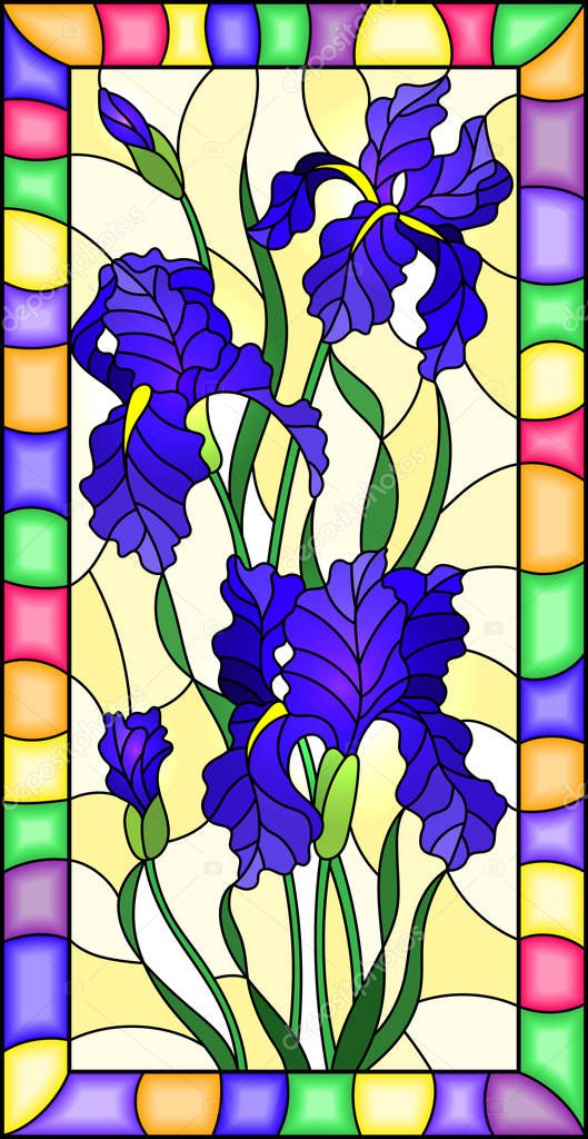 Illustration in stained glass style flower of blue irises on a yellow background in a bright frame,rectangular  image