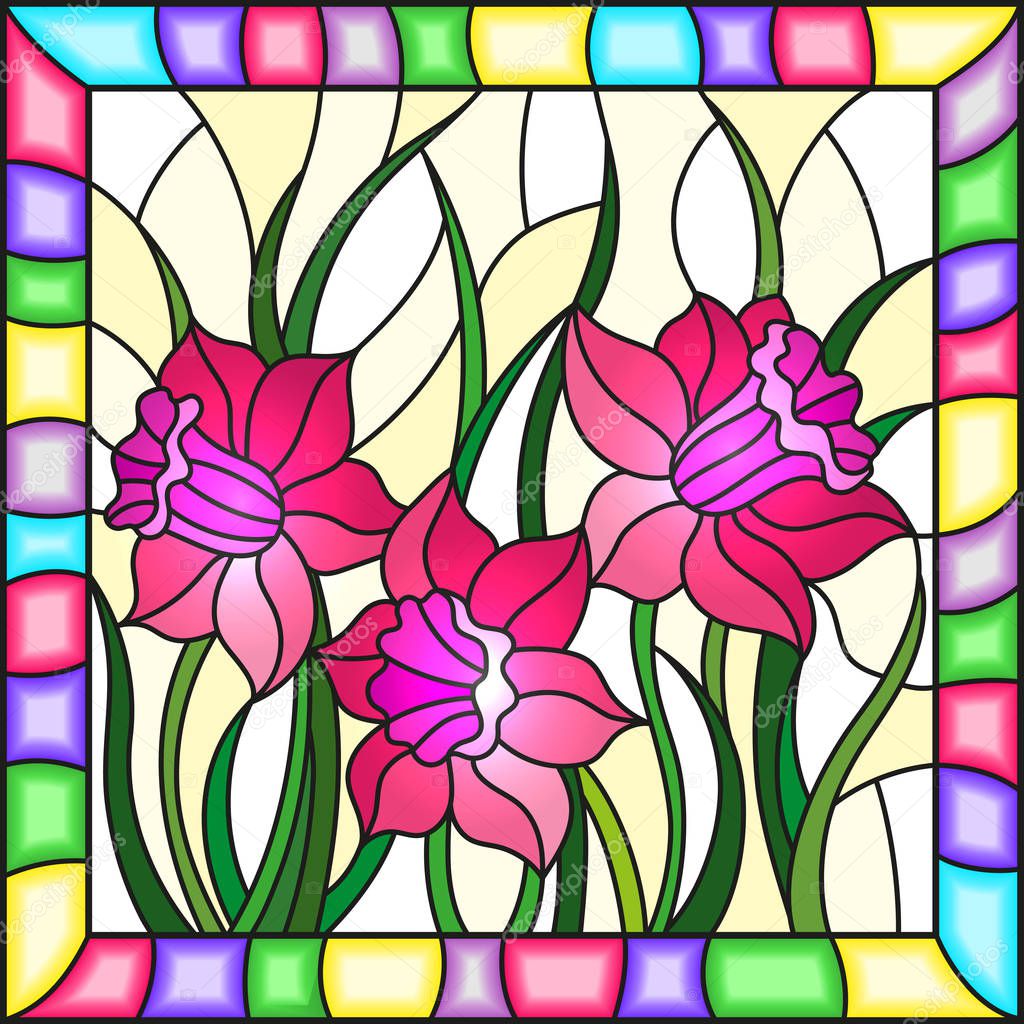 Illustration in stained glass style with pink abstract flowers  on a yellow background in a bright frame