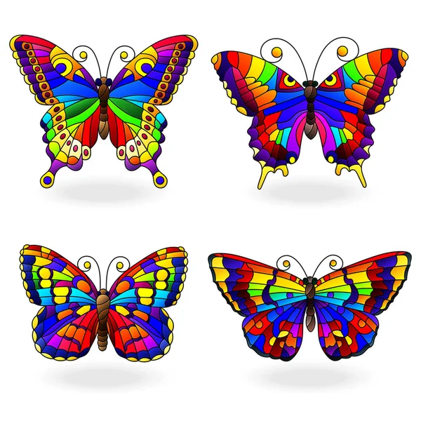 Ensemble Papillons Arc Ciel Abstraits Lumineux Style Vitrail Isolés Sur — Image vectorielle