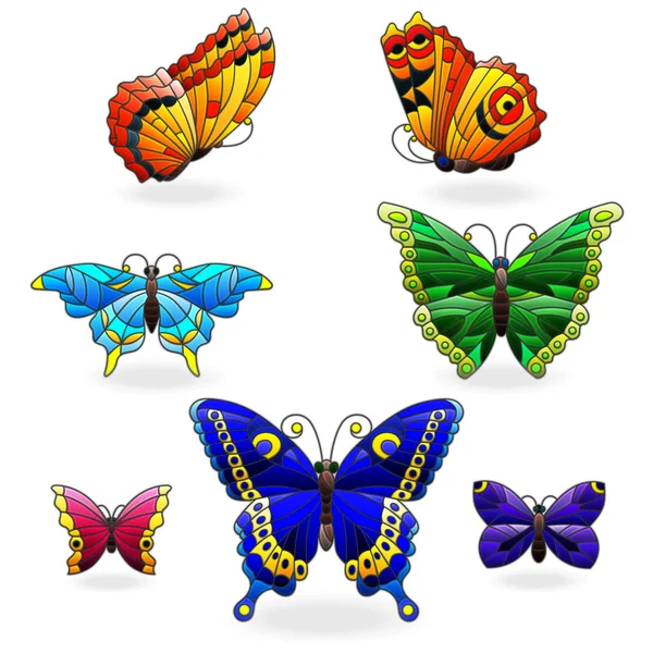 Conjunto Brillantes Mariposas Abstractas Estilo Vitral Aisladas Sobre Fondo Blanco — Archivo Imágenes Vectoriales