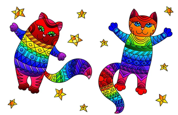 Conjunto Elementos Vidrieras Con Gatos Arcoíris Estrellas Imágenes Aisladas Sobre — Vector de stock