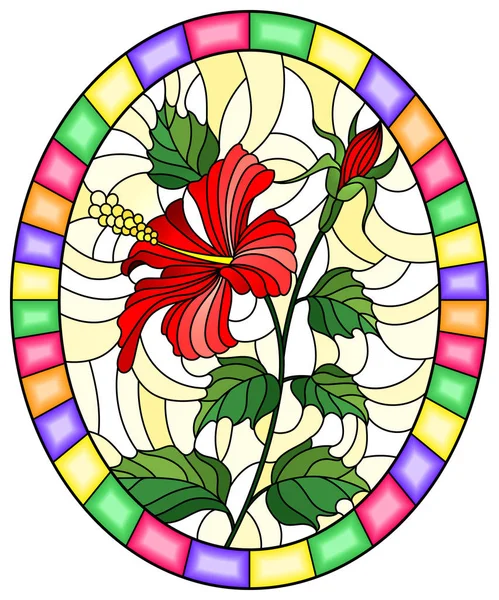 Ilustracja Witrażu Stylu Kwiat Czerwony Hibiscus Żółtym Tle Jasnej Ramki — Wektor stockowy