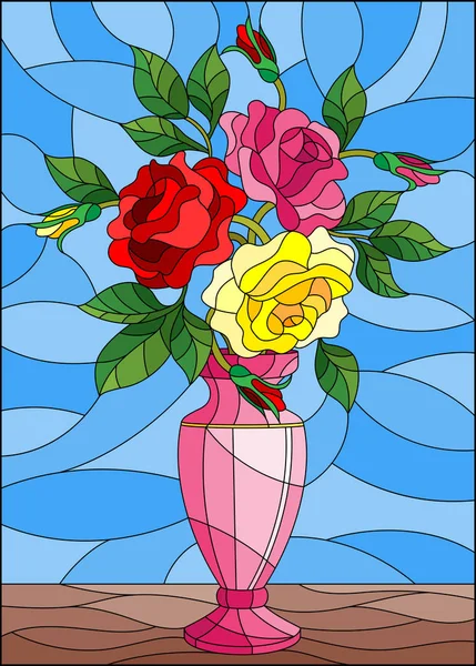 Ilustrace Vitráže Stylu Květinové Zátiší Barevné Kytice Růží Růžové Váza — Stockový vektor