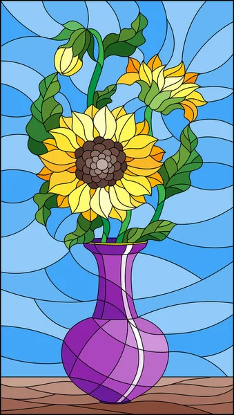Ilustrace Vitráže Stylu Květinové Zátiší Kytice Slunečnice Fialová Váza Modrém — Stockový vektor