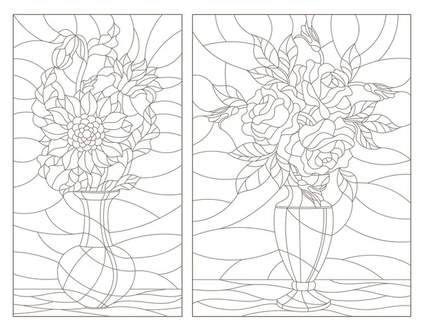 Conjunto Ilustraciones Contorno Vidrieras Con Naturalezas Muertas Florales Ramos Girasoles — Vector de stock