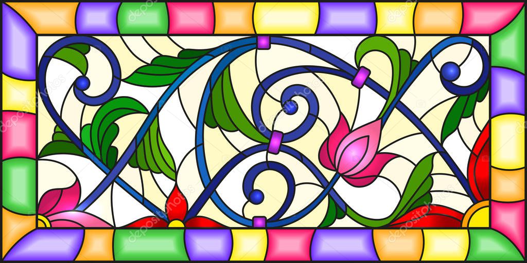 Illustration in stained glass style with a branch of a flowering plant with pink flowers on a yellow background in a bright frame,rectangular image