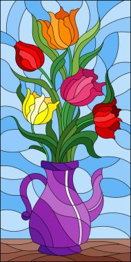 Vitray tarzı çiçekli natürmort, lale mavi bir arka plan üzerinde mor vazoda renkli buket ile resimde