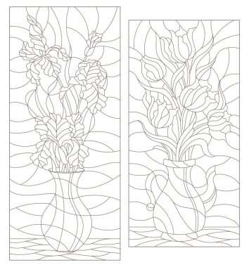 Vitray Windows çiçek hala can, süsen ve lale vazo, beyaz bir arka plan üzerinde koyu kontür demetleri ile kontur resimler ayarla