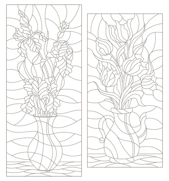 Vitray Windows çiçek hala can, süsen ve lale vazo, beyaz bir arka plan üzerinde koyu kontür demetleri ile kontur resimler ayarla