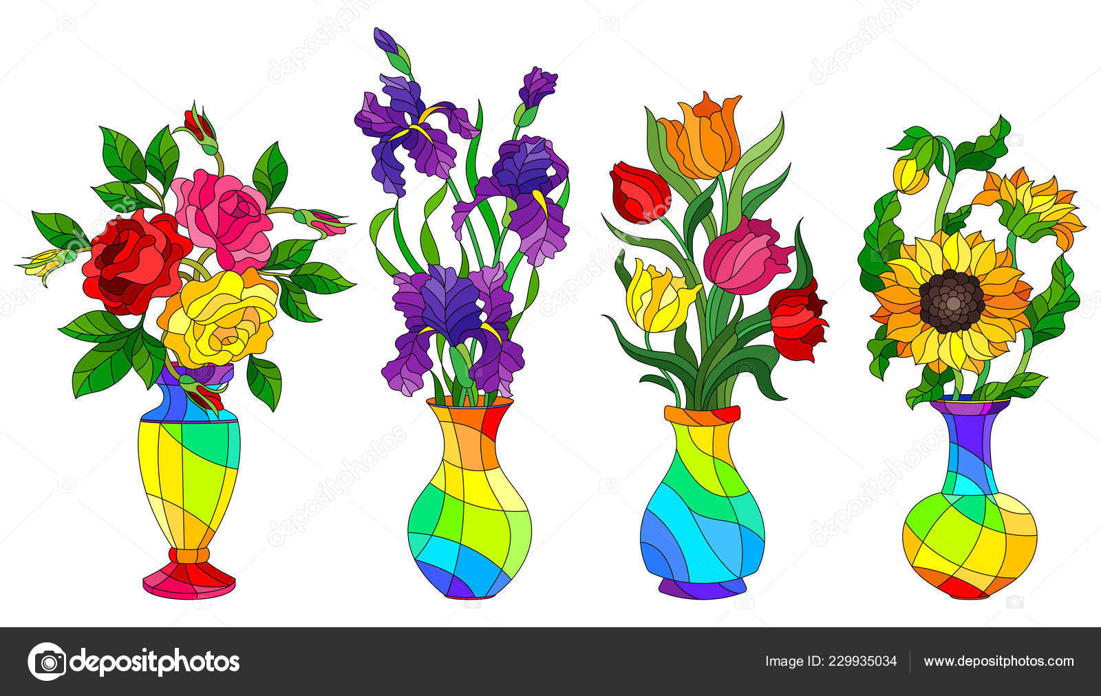 Set Stained Glass Elements Vases Flowers Tulips Roses Irises