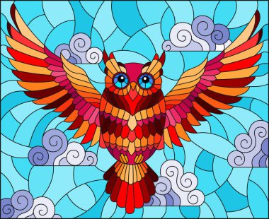 İllüstrasyon soyut kırmızı baykuş bulutlu gökyüzü arka plan üzerinde uçan ile vitray tarzında 