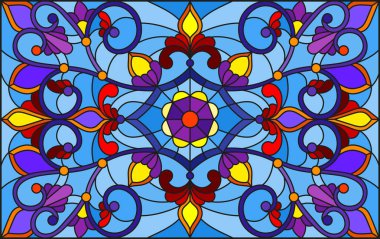 Mavi arka planda soyut girdaplar, çiçekler ve yapraklar ile boyalı cam tarzında resim, yatay yönelim