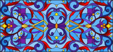 Mavi arka planda soyut girdaplar, çiçekler ve yapraklar ile boyalı cam tarzında resim, yatay yönelim