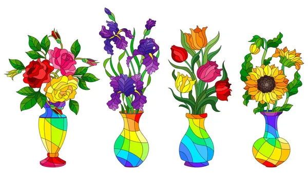 一套彩色玻璃元素 花瓶与花 郁金香 虹膜和向日葵在明亮的花瓶 查出在白色背景 — 图库矢量图片