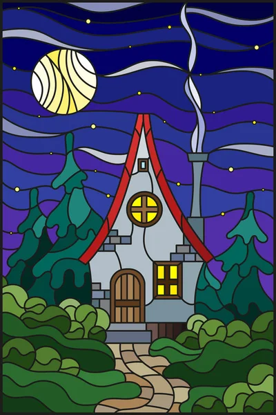 Ilustración Estilo Vitral Con Una Casa Solitaria Sobre Fondo Bosque — Vector de stock