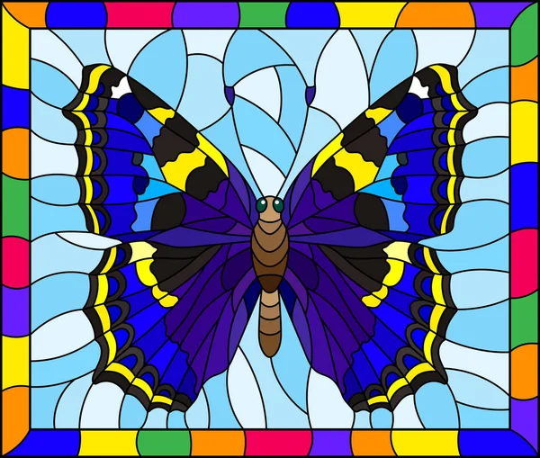 Illustration Stained Glass Style Bright Blue Butterfly Blue Background Bright — Stock Vector