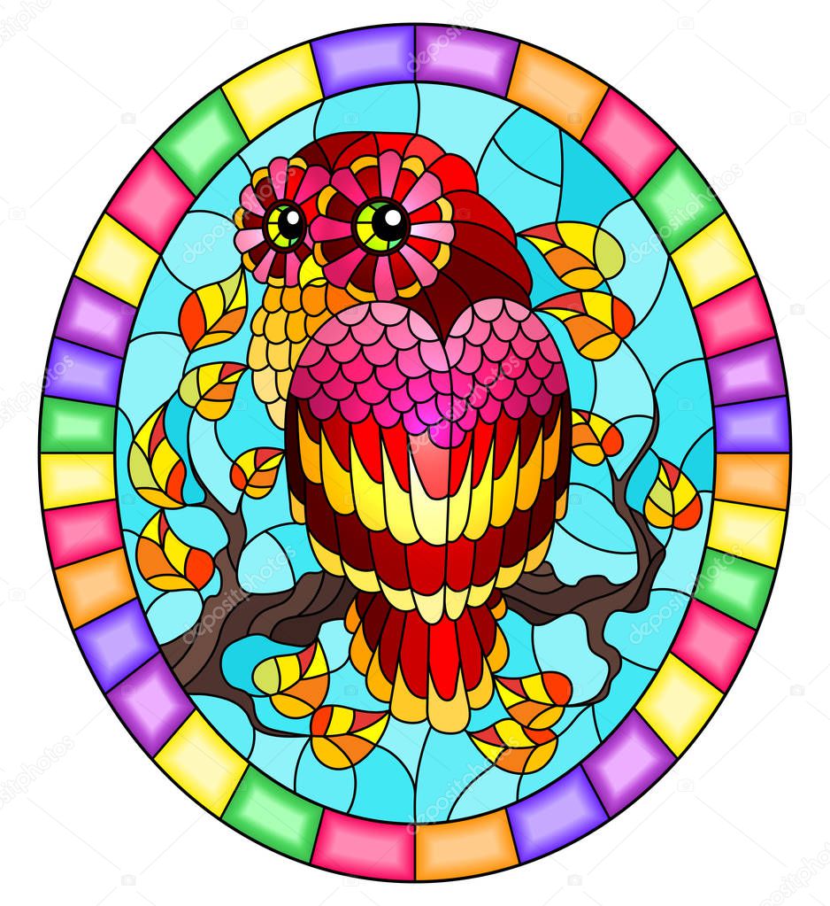 Illustration in stained glass style with fabulous red owl sitting on a autumn tree branch against the sky,oval picture frame in bright