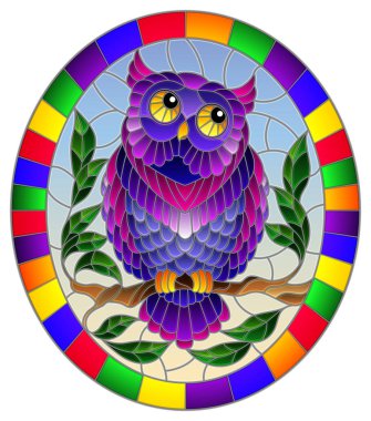 Muhteşem mor baykuş oturan bir ağaç dalı gökyüzüne karşı oval resim çerçevesi parlak stiliyle vitray çizimde