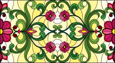 İllüstrasyon soyut vitray tarzında swirls, pembe çiçekler ve yatay yönlendirme, sarı bir arka plan bırakır