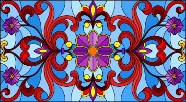 Mavi arka planda soyut girdaplar, çiçekler ve yapraklar ile boyalı cam tarzında resim, yatay yönelim