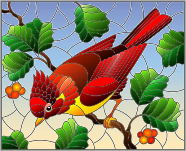 Иллюстрация Стиле Витража Красивой Красной Птицей Фоне Ветки Дерева Неба — стоковый вектор