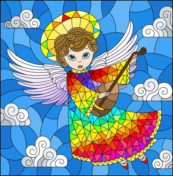 Иллюстрация Витражном Стиле Мультяшным Радужным Ангелом Играющим Лютне Против Облачного — стоковый вектор
