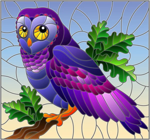Illustration Stained Glass Style Fabulous Colourful Owl Sitting Tree Branch — Stock Vector