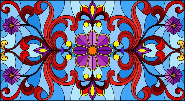 Illustration Vitrail Avec Tourbillons Abstraits Fleurs Feuilles Sur Fond Bleu — Image vectorielle