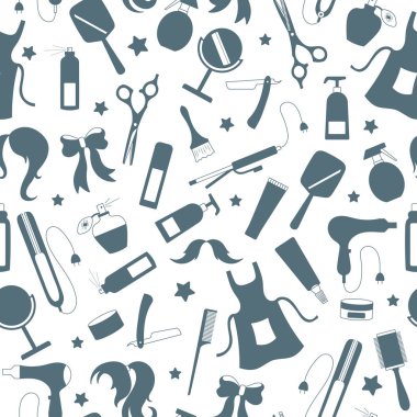 Kuaför Dükkanı, araçları ve aksesuarları Kuaför, basit bir kontur simgeler konulu Dikişsiz desen gri beyaz zemin üzerine siluet simgeler 