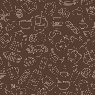 Dikişsiz desen Tema gıda ve Kahvaltı, basit kontür simgeleri üzerine bej kahverengi bir arka plan üzerinde özetliyor.
