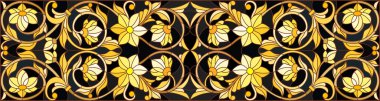 Çiçek süsleme stiliyle vitray, imitasyon altın swirls ve bitkisel motifler ile koyu arka plan üzerinde resimde