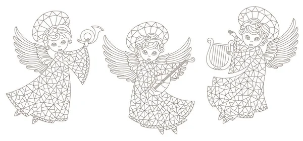 ステンドグラスの天使のセット 白い背景に隔離された輪郭図 — ストックベクタ
