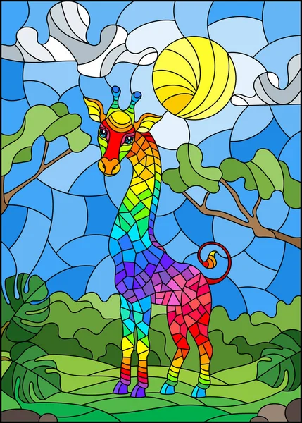 Illustration Målat Glas Stil Med Söt Rainbow Giraff Bakgrunden Gröna — Stock vektor