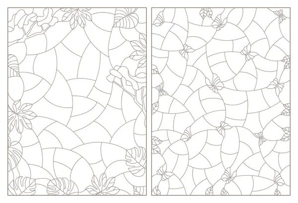 Conjunto Ilustraciones Contorno Vidrieras Con Fondos Abstractos Plantas Tropicales Mariposas — Vector de stock