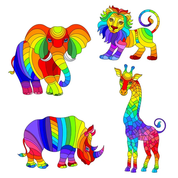 Σύνολο Των Εικονογραφήσεων Βιτρό Στοιχεία Ζώα Της Αφρικής Αφηρημένη Rainbow — Διανυσματικό Αρχείο