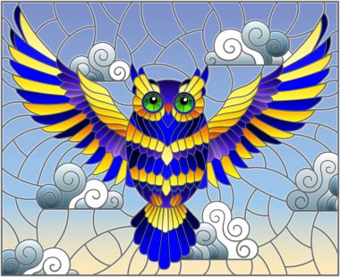 İllüstrasyon Soyut Mavi baykuş bulutlu gökyüzü arka plan üzerinde uçan ile vitray tarzında 