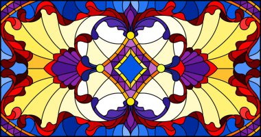 Soyut girdapları, çiçekleri ve yaprakları sarı arka planda, yatay yönelimli, boyalı cam tarzında resimleme