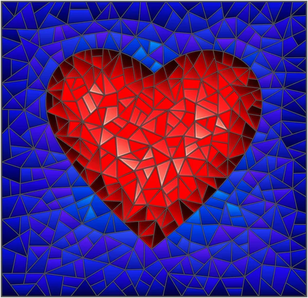 Illustration Style Vitrail Avec Coeur Rouge Abstrait Sur Fond Bleu — Image vectorielle