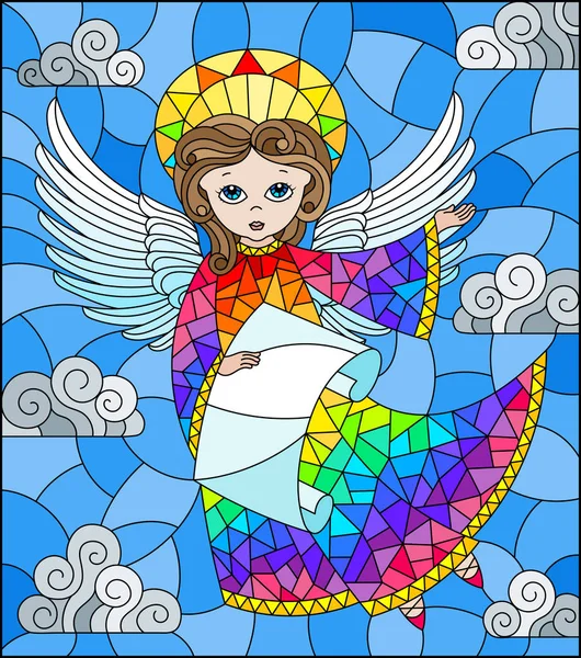 Illustratie Gebrandschilderd Glas Stijl Met Cartoon Regenboog Engel Met Scroll — Stockvector