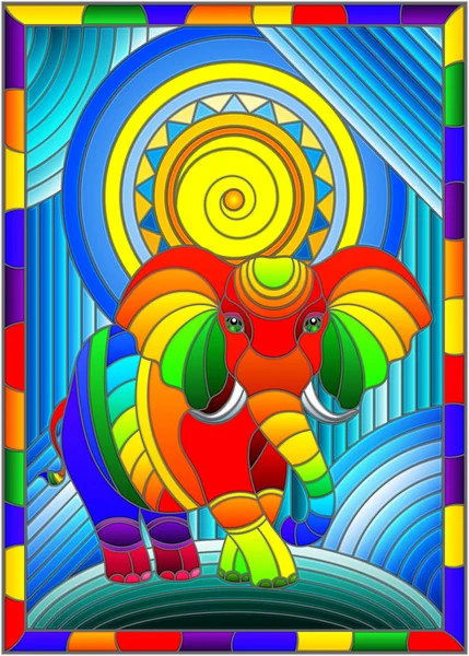 Illusztráció Ólomüveg Stílusban Vicces Szivárvány Elefánt Nap Fényes Keret Absztrakt — Stock Vector