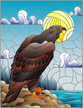 Dağlar, deniz ve gökyüzü manzara zemin üzerine soyut kartal stiliyle vitray çizimde