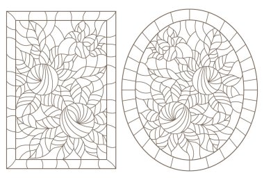 Vitray Windows ayçiçeği çerçeve, beyaz bir arka plan üzerinde koyu konturlar, oval ve dikdörtgen görüntü ile kontur çizimleri bir dizi