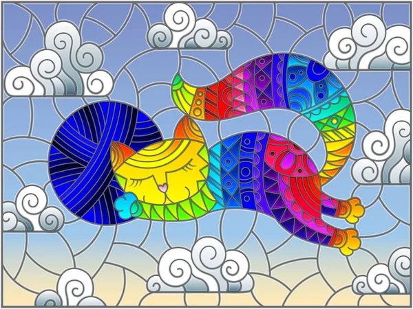 Stained Glass Illustration Cartoon Rainbow Cat Hugging Ball Yarn Background — Stock Vector