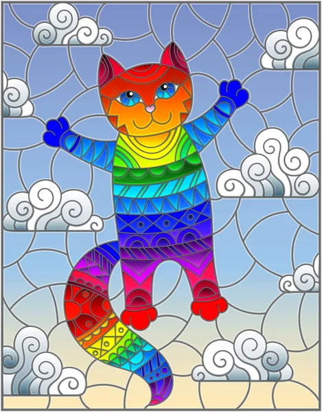 Gebrandschilderd Glas Illustratie Met Cartoon Regenboog Kat Achtergrond Van Lucht — Stockvector