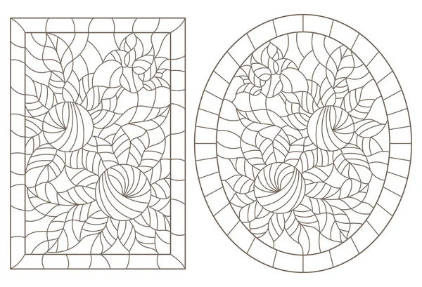 Eine Reihe Von Konturabbildungen Von Glasfenstern Mit Sonnenblumen Rahmen Dunkle — Stockvektor