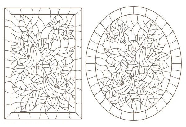 Conjunto Ilustraciones Contorno Vidrieras Con Girasoles Marcos Contornos Oscuros Sobre — Archivo Imágenes Vectoriales